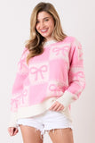Ribbon Embroidered Pink Long Sleeve Sweater