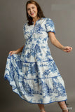 *Curvy* Blue Toile Smocked Waist Dress