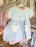 Squiggles by Charlie Medium Blue Pram Popover Dress- Chest Embroidery