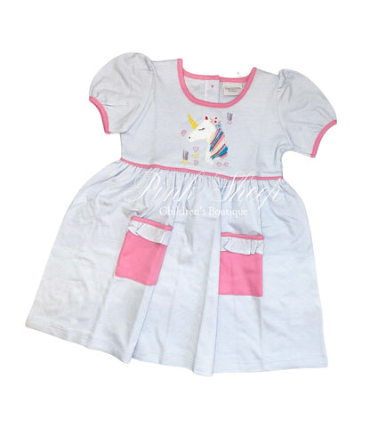 Squiggles by Charlie Blue Mini Stripe Unicorn Popover Dress