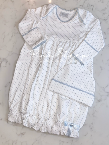 Squiggles by Charlie Blue Dot Crochet Trim Sack Gown Set