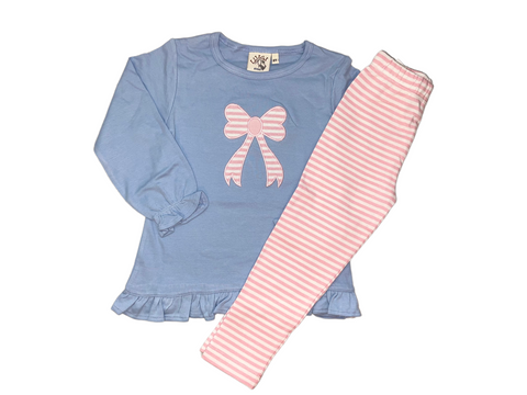 Luigi Kids Sky Blue & Pink Stripe Bow Legging Set