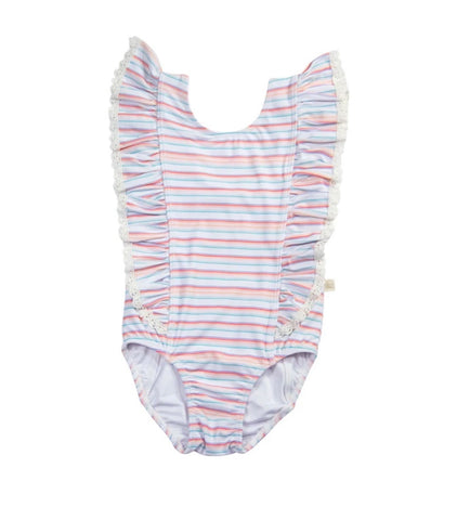 Charming Mary Rosie Ruffle One Piece Swimsuit-Retro Rainbow Stripe